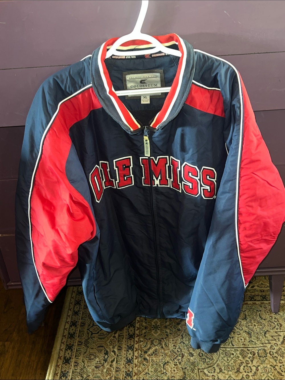 90’s Colosseum Navy and Red Ole Miss Rebels Jacket - deadstock / rare! XL
